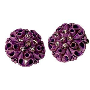 Earrings Vintage 1950s Purple Celluloid Rhinestone Featherweight Clip-Ons